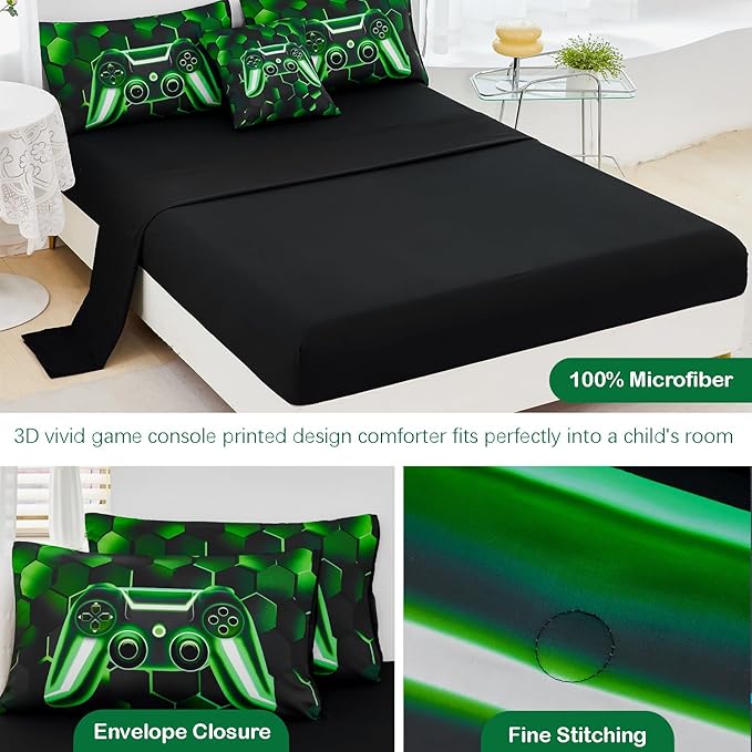 URBONUR Green Gamer Comforter Sets for Boys Teen Girls Video Game Console Printed Bedding Set Bed in a Bag, Comforter, Flat & Fitted Sheet, Pillowcase, Cushion Cover (Black Green, Twin)