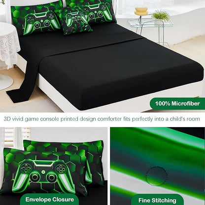 URBONUR Gaming Comforter Set Queen Size 6Pcs Teen Boy Video Game Queen Bed in a Bag Comforter Sets with Sheets, Soft Lightweight Microfiber Bedding Kids Blanket (Black Green, Queen)