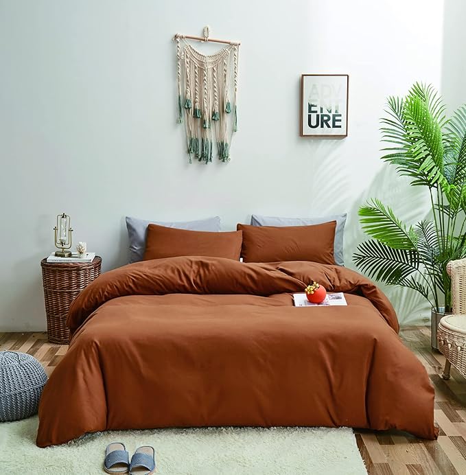 KAREVER Pumpkin Color Comforter Sets Cinnamon Color Bedding Set King 3 PCs Pumpkin Comforter Sets Women Breathable Soft Burnt Orange Bedroom Collection Solid Rust Color Adults Pumpkin Bedding King