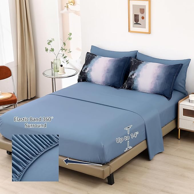 Dinjoy Ombre Blue Comforter Set Cal King Size Gradient Navy Blue Black Boho Bedding Set