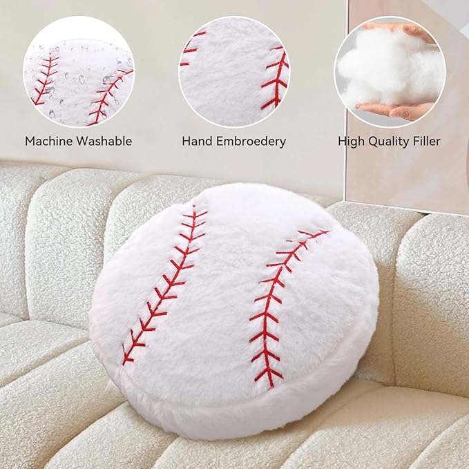 Baseball Pillow, 2 Pcs Baseball Plush Pillow, Soft Fluffy Stuffed Sports Throw Pillows, Home Decor Cushion, Round Baseball Pillows, Sports Gifts for Room Decoration 15.8"