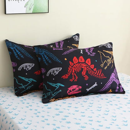 7 Piece Boys Dinosaur Comforter Set Full Size 3D Black Dinosaur Skeleton Bedding Set for Toddler Kids Teens Christmas Birthday Gift