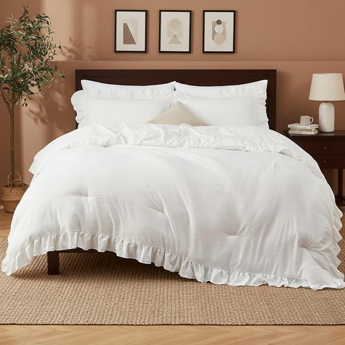 CAROMIO White Ruffled Queen Size Comforter Set, 3PCS Soft Washed Microfiber Lightweight & Fluffy All-Season Bedding Comforter with Vintage French Country Style, White, 90x90 in