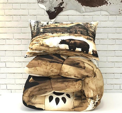 Bear Comforter Set, Cabin Theme Brown 3D Pattern for Kids Teens Adults,Decorative Bedding Comforter Sets with 2 Pillow Shams, King Size