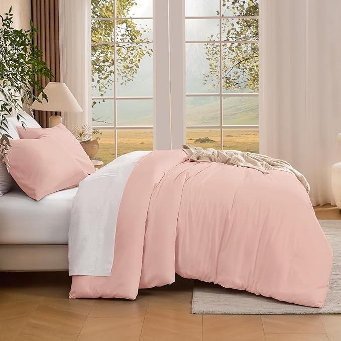 Andency California King Size Comforter Set, 3 Pieces Blush Pink Boho Solid Bedding Comforter Set, Modern Reversible Soft Fluffy Cal King Bed Set for All Season