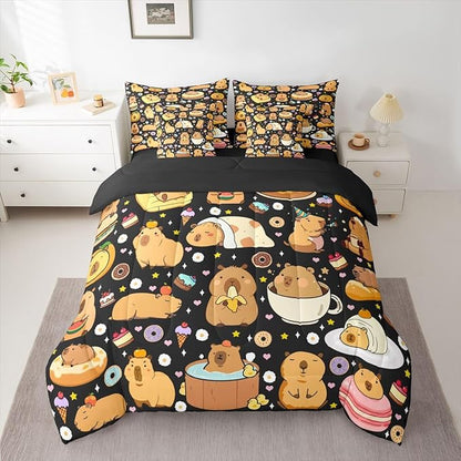 Funny Capybaras 7 Pieces Bedding Set Full Size,Capybara Lover Bed in a Bag,Cute Rodent Animal Bed Set Includes Comforter,Sheet Set,Pillowcases & Pillow Covers,Kawaii Animals Yummy Foods Bedroom Decor