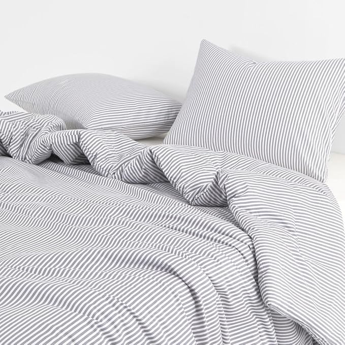 Wake In Cloud - Striped Comforter Set, 100% Cotton Fabric, Ticking Stripe Vertical Pinstripe Neutral Farmhouse Aesthetic, 3 Pieces Bedding Set, Gray, Full Size