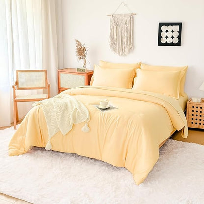 King Comforter Duvet Cover Set Buttercream - 7-Piece Bed in a Bag, Double Brushed Micorfiber All-Season Soft Bedding with Sheets & Envelope Pillowcases(102"x90",King)