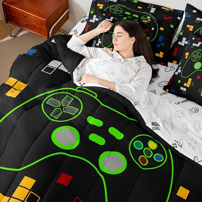 Miner Video Games 7Pcs Comforter Set King Size,Gamer Gamepad Bedding Set,Kids Boys Girls Room Decor,Neon Green Pixelated Geometric Bed in a Bag Black White Reversible Flat Fitted Sheet,2 Pillowcases