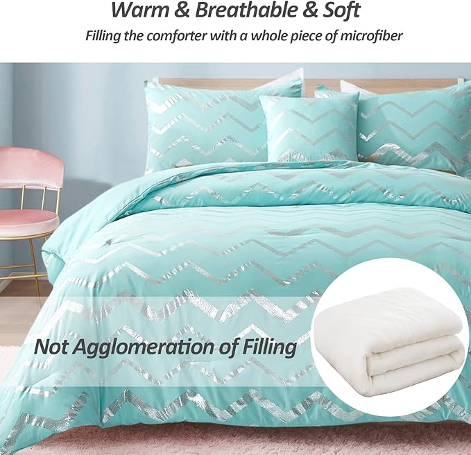 Menghomeus Aqua Comforter Set Full Size Metallic Teal and Silver Bed Comforter 4 Piece Lightweight Microfiber Bedding for Teen Girls Boys (2 Pillow Case + 1 Decorative Pillow Sham)