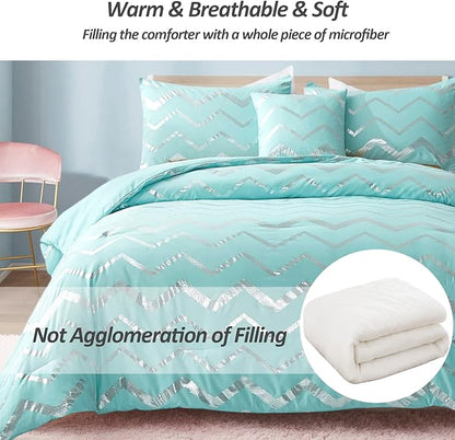 Menghomeus Aqua Comforter Set Full Size Metallic Teal and Silver Bed Comforter 4 Piece Lightweight Microfiber Bedding for Teen Girls Boys (2 Pillow Case + 1 Decorative Pillow Sham)