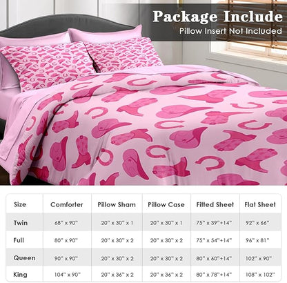 Comforter Set Twin Size, Pink Cowboy Cowgirl 5 Pcs Bedding for Kids and Adults, Cute American Western Bed Sheet Sets with Fitted Sheet Pillowcase & Sham