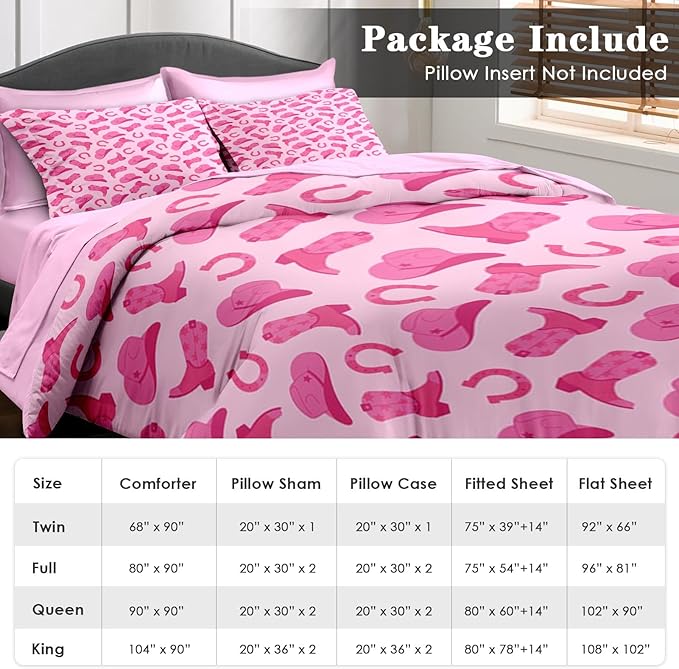 Comforter Set King Size, Pink Cowboy Cowgirl 7 Pcs Bedding for Kids and Adults, Cute American Western Bed Sheet Sets with Fitted Sheet 2 Pillowcases & 2 Shams
