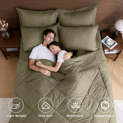 HEVUMYI Olive Green King Comforter Set - 7-Piece All Season Bed in a Bag King, Ultra Soft Bedding Set with Comforter, Flat Sheet, Fitted Sheet, Pillowcases, Pillow Shams, Olive Green