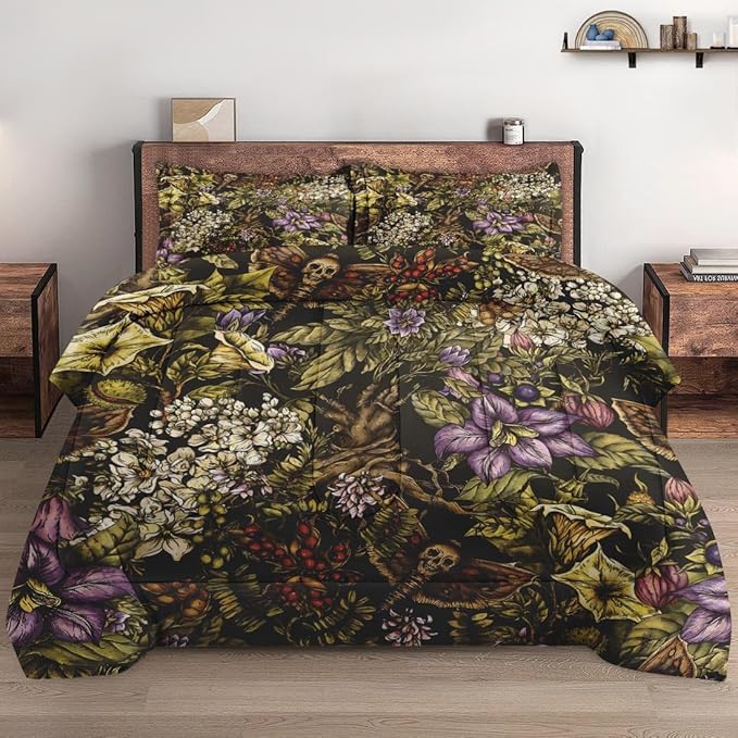 Comforter Set King Size, Moth Witch Retro Soft 3 Pcs Bedding for Kids and Adults, Vintage Flower Plants Comforter Set with 2 Pillowcases, for Bedroom Bed Decor
