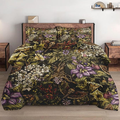 Comforter Set Queen Size, Flower Plants Vintage Moth Soft 3 Pcs Bedding for Kids and Adults, Witch Comforter Set with 2 Pillowcases, for Bedroom Bed Decor