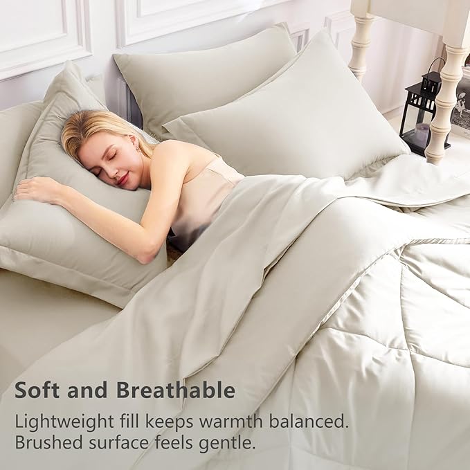 CozyLux California King Comforter Set Oatmeal - Cal King Bed in a Bag 7 Pieces, Luxury Soft Bed Set for All Seasons, Bedding Set with Down Alternative Comforter, Sheets, Pillowcases & Shams