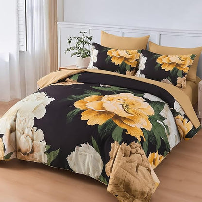 Dobuyly King Size Comforter Set 7 Piece Bed in a Bag, Yellow Brown Floral Printed on Black Comforter Set with Sheets, Soft Microfiber Botanical Boho Complete Bedding Set for All Season