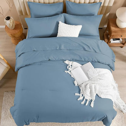 Litanika Comforter California King Size Set Grayish Blue - 7 Pieces Bed in a Bag California King Bedding Comforter Sets, Plain Lightweight Bed Set with Comforter, Sheets, Pillowcases & Shams