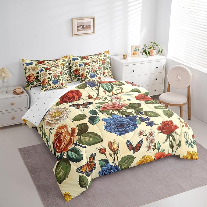Feelyou Rose Comforter Set King Size 7 Pieces Rose Floral Flower Bedding Set for All Season Romantic Butterfly Vintage Garden Flower Bed in a Bag with Comforter, Sheets, Pillowcases & Cushion Cover