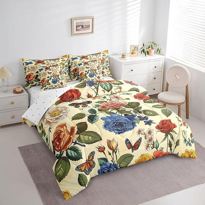 Feelyou Rose Comforter Set Full Size 7 Pieces Rose Floral Flower Bedding Set for All Season Romantic Butterfly Vintage Garden Flower Bed in a Bag with Comforter, Sheets, Pillowcases & Cushion Cover