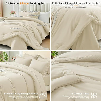 Twin Comforter Set 5 Piece - Soft Bed in a Bag Queen Size Comforter Sets, Cozy Luxury Bedding Sets with All Season Comforter, Flat Sheet, Fitted Sheet,Pillowcases & Shams, Beige