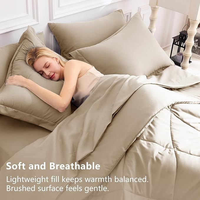 CozyLux Queen Comforter Set Taupe - Bed in a Bag Queen Size 7 Pieces, Luxury Soft Bed Set for All Seasons, Bedding Set with Down Alternative Comforter, Sheets, Pillowcases & Shams