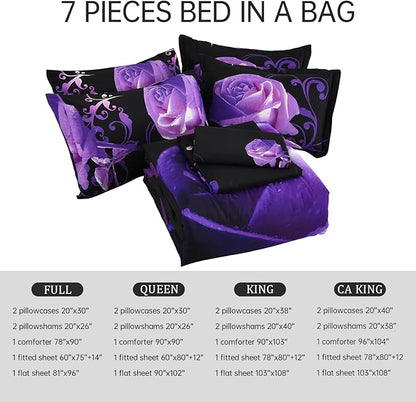 Xruibed Floral Comforter Set Full 7 Piece Bed in a Bag Purple Rose Flower Comforter with Sheet Set Soft Micorfiber Bedding Set (1 Comforter,2 Pillow Shams,1 Flat Sheet,1 Fitted Sheet,2 Pillowcases)