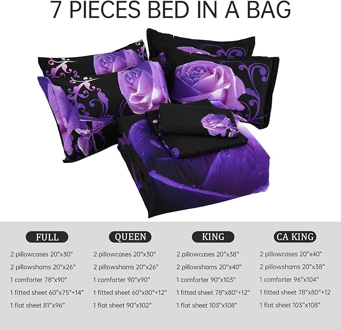 Floral Comforter Set California King 7 Piece Bed in a Bag Purple Rose Flower Comforter with Sheet Set Soft Micorfiber Bedding Set (1 Comforter,2 Pillow Shams,1 Flat Sheet,1 Fitted Sheet,2 Pillowcases)