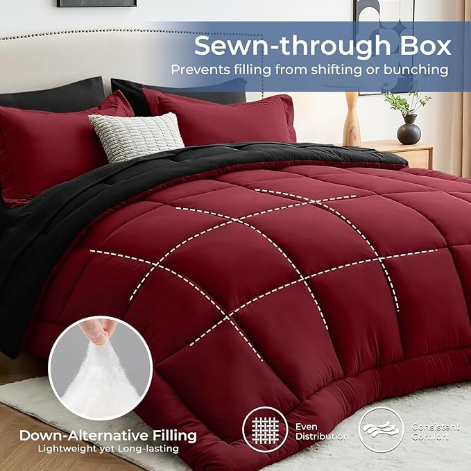Sasttie Red & Black King Size Comforter Set, 7 Pieces Bed in a Bag King, Complete Bedding Set Includes Comforter, Flat Sheet, Fitted Sheet, Pillowcases and Pillow Shams, Burgundy