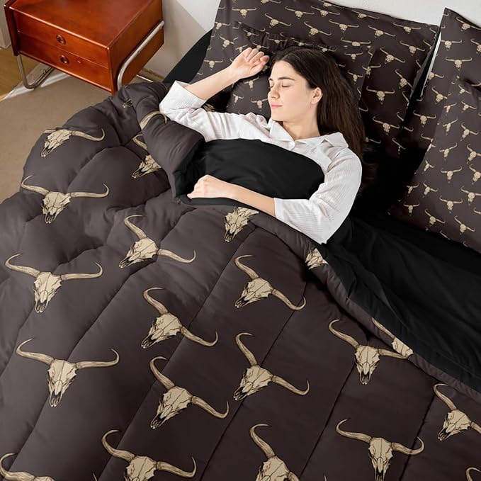 Erosebridal Bull Skull 7 Piece Comforter Set Queen Ethnic Bohemian Bedding for Men Boys | Tribal Steer Skull Wildlife Aztec Bedroom Decor Farmhouse Cabin Lodge Sheet Set with Comforter,Brown