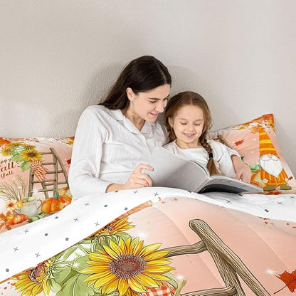 Fall Gnomes Comforter Set King Fall Thanksgiving Pumpkin Bedding Set For Girls Teen Women Rustic Farm Autumn Harvest Decor Comforter Sunflower Maple Leaf Quilted Duvet Orange Red Fall Bedroom Decor