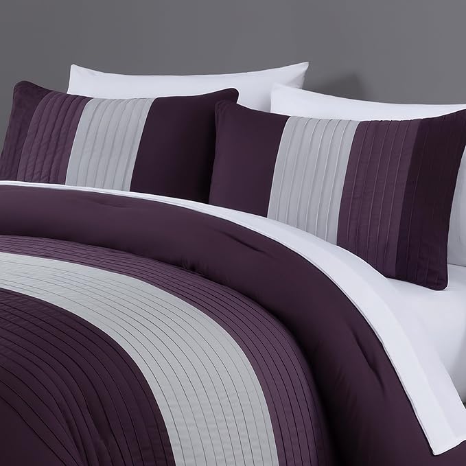 Chezmoi Collection Briar 7-Piece California King Bed in a Bag - All Season Lightweight Microfiber Comforter Set - Includes Sheets & Shams - Purple/Lavender/Gray Pleated Stripe Design