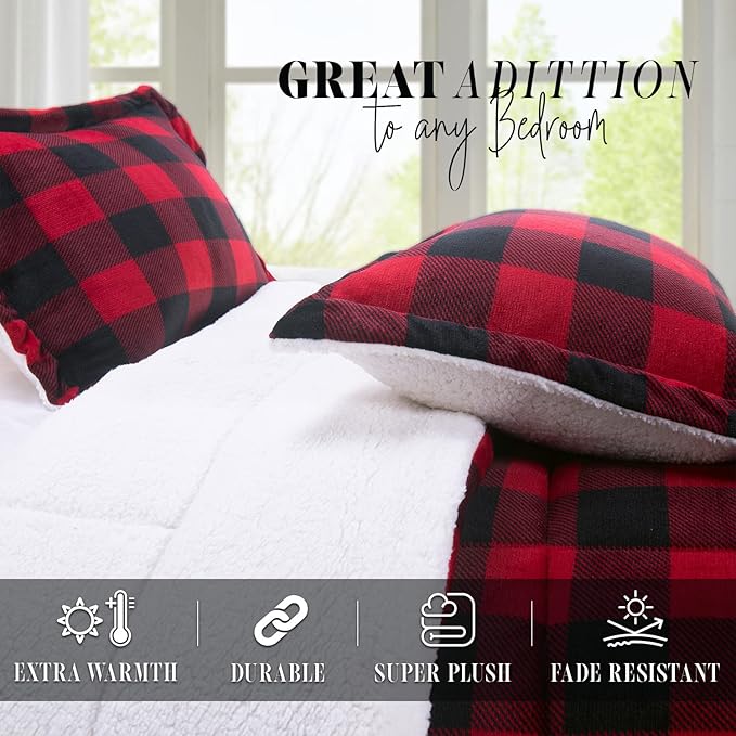 Elegant Comfort 3-Piece Buffalo Lodge-Plaid Comforter Set, Luxurious, Heavyweight, All Season, Down Alternative-Micromink Sherpa-Backing Reversible Micro-Suede, Soft and Plush, Full, Burgundy/Black