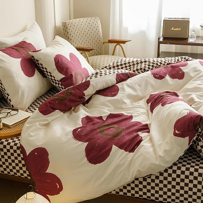 CLOTHKNOW Burgundy Sunflower Comforter Set - California King, Red Beige Floral Bedding - 3Pcs Dark Red Beige Comforter Sets