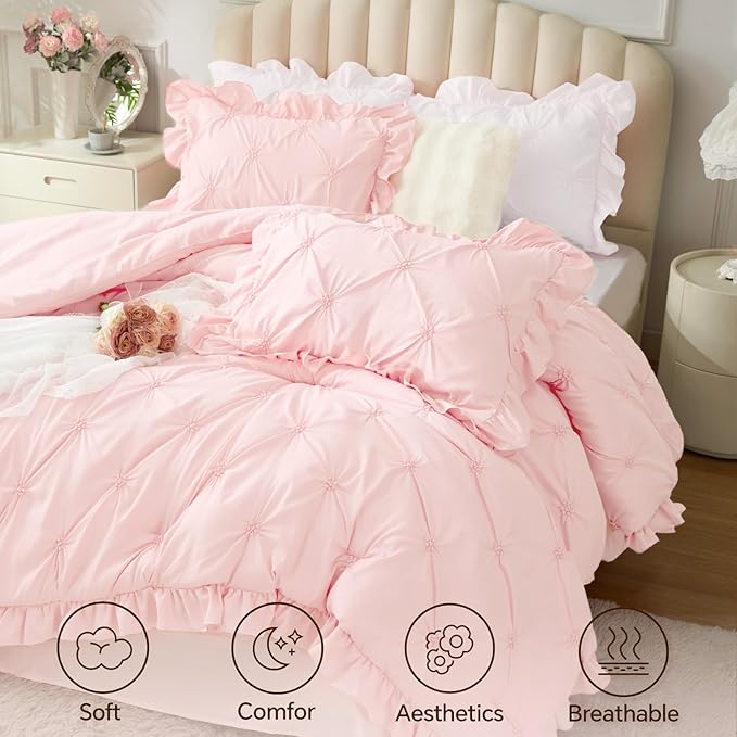 BEDELITE Baby Pink King Size Comforter Set - 3 Pieces Boho Ruffle Pintuck Bedding Comforter Sets, Lightweight Soft & Warm King Bedding Set with 2 Pillowcases for All Season