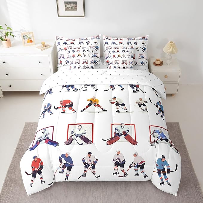 Feelyou Ice Hockey Comforter Set Full Size 7 Pcs Hockey Lover Comforter Bed in a Bag Winter Sports Bedding Set for Boys Girls Teens Hockey Bed Set with Sheets, Pillowcases, Pillow Covers