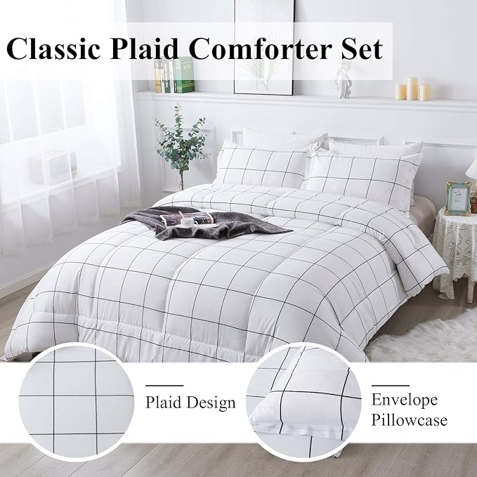 Andency White Grid Comforter Set Twin/Twin XL(66x90Inch), 2 Pieces (1 Plaid Comforter and 1 Pillowcase) White Plaid Comforter Set, Lightweight Microfiber Gingham Geometric Comforter Bedding Set