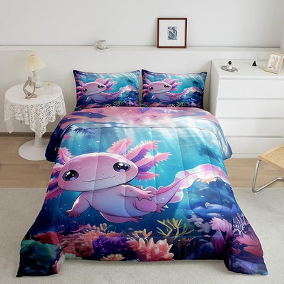 Erosebridal Kawaii Axolotl Comforter Set for Kids Boys and Teens Room, Salamander Animal Bedding Set Toddler Size, Ocean Life Down Comforter,Underwater World Sea Animal Quilt, Breathable Room Decor