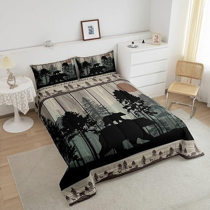 Feelyou Western Farmhouse Bedding Comforter Sets King Size, Cabin Lodge Bedding Sets, Hunting Bear Deer Comforter Set, Country Retro Duvet Insert, Rustic Woodland Pine Tree Quilt, Black Brown