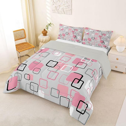 Erosebridal Pink Geometric Square Kids Comforter Sets Pink and Gray Striped King Bedding Set for Girls Boys Minimalist Art Aesthetic Comforter Set Modern Abstract Plaid Quilt Duvet 3 Pcs