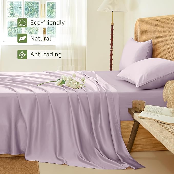 THXSILK Luxury Mulberry Silk Bed Sheets Set - 4pcs Silk Sheets Set 16" Deep Pocket - 1 Flat Sheet, 1 Fitted Sheet, 2 Pillowcases with Zipper Closure - Queen, Light Purple