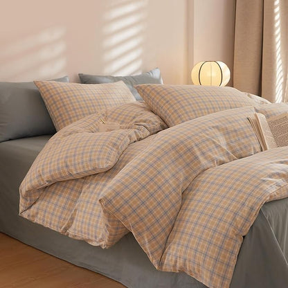 HighBuy Vintage Gingham Comforter King Size Yellow Blue Grid Bedding Comforter Set King with Sham Set 3 Piece Hotel Luxury Soft Checkered Comforter Set for King Bed,Cozy Fluffy Bedding Sets
