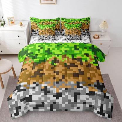 Pixelated Miners Gaming 7pcs Comforter Set Queen Size,Green Brown Grey Bedding Set Kids Boys Teens Room Decor,Geometric Block Flat + Fitted Sheet Construct Theme Games 2 Cushion Cover,2 Pillowcase