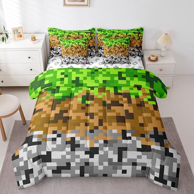 Pixelated Miners Gaming Bedding Sets Full Size,Green Brown Grey 7pcs Comforter Set Kids Boys Teens Room Decor,Geometric Block Flat + Fitted Sheet Construct Theme Games 2 Cushion Cover,2 Pillowcase