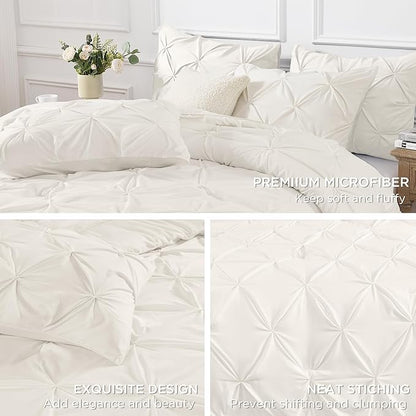 Andency Ivory Queen Comforter Set, 3 Piece All Season Decorative Pintuck Bedding Comforter & Sets, Ivory Soft Microfiber Lightweight Washable Bed Set for Queen Size Bed