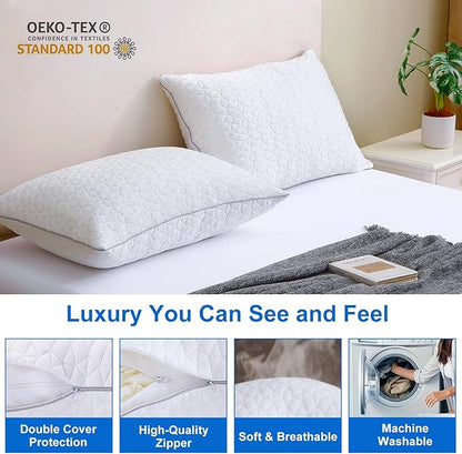 Cooling King Size Pillows Set of 2, Shredded Memory Foam Pillows, Adjustable Firm Bed Pillows Cool Cold Pillow for Hot Side Back Stomach Sleepers with Removable Washable Cover, 20" x 36", White