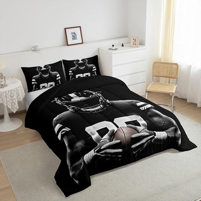 Feelyou Rugby Comforter Set Toddler Size Football Player Comforter for Boys Girls Teens Football Bedding Set Rugby Sport Duvet Set Room Decor Black Quilt Set