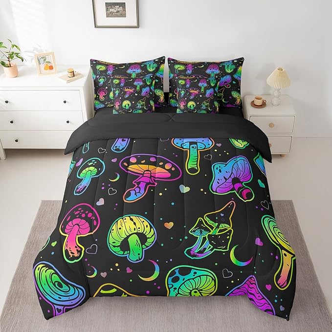 Erosebridal Mushroom 7 Piece Comforter Set Full - Kawaii Bed in a Bag, Boho Exotic Botanical Plants Fitted Sheet for Kids, Girls, Boys, Teens - Rainbow Quilt Set, Cute Bedding