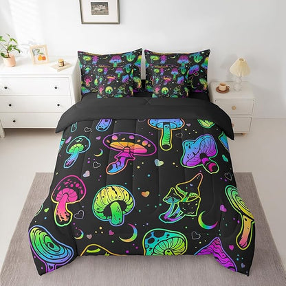 Erosebridal Mushroom 7 Piece Comforter Set Full - Kawaii Bed in a Bag, Boho Exotic Botanical Plants Fitted Sheet for Kids, Girls, Boys, Teens - Rainbow Quilt Set, Cute Bedding